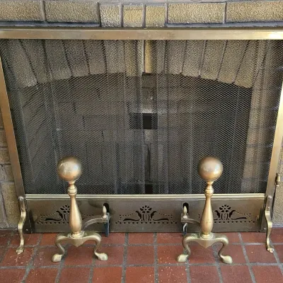 Brass Fireplace Screen & Andirons (WH4)
