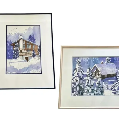 Linda Lee Foster Paul. 2 Paintings(Mountain Chalet Series #4, Alpental Chalet Series #3)