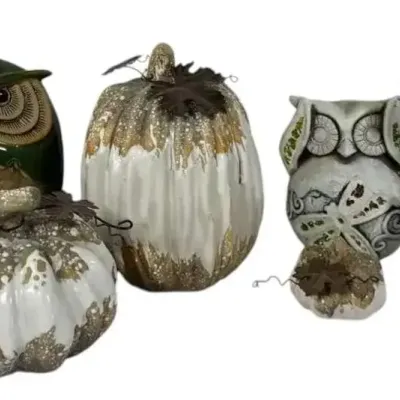 6 Piece Fall Ceramic Pumpkins & Owls 