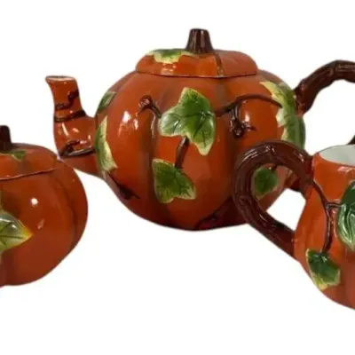 Ceramic Pumpkin Tea Pot, Creamer & Sugar Set