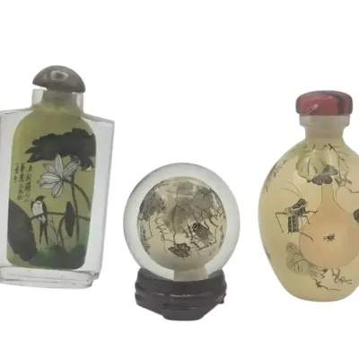 2 Vintage Chinese Inside Painted Snuff Bottles & 1 Reversed Painted Globe
