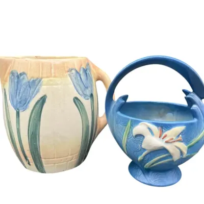 Roseville Art Pottery  Early 1900's Blue Tulip Pitcher & Zepher Lily 293-7