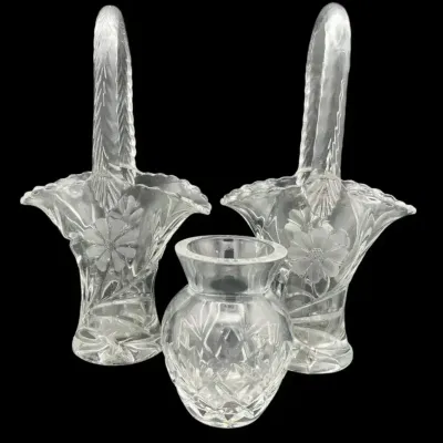 Etched Glass Baskets And Bud Vase