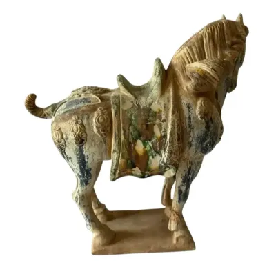 15” Vintage Terra Cotta Tang Dynasty War horse  Horse Statue Sancia glaze