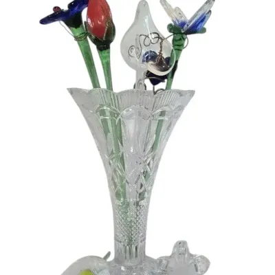 14 Inch Crystal Vase With 6 Hand Blown Flowers From Czech Republic 
