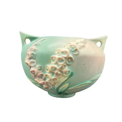 ROSEVILLE POTTERY 418  FOXGLOVE DOUBLE HANDLE GREEN AND PINK JARDINIERE, 4½"