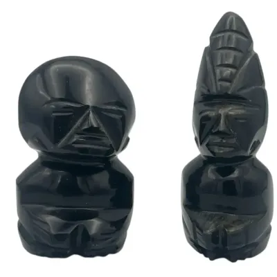 2 Mayan Hand Carved Black Obsidian Figurines