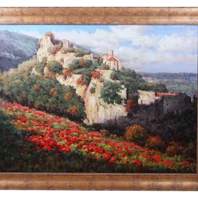 Impressionistic oil painting depicting a hillside castle ruin and a field of red poppies, housed in an ornate gilt wood frame.