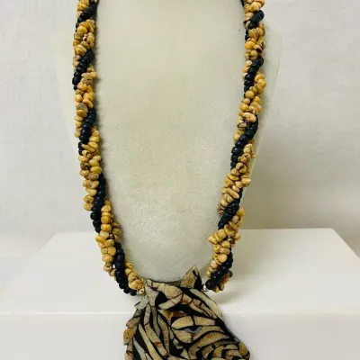 Vintage Beaded Tigers Head Pendant Necklace