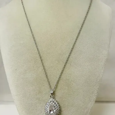 Sterling Silver Necklace with Teardrop Rhinestone Pendant