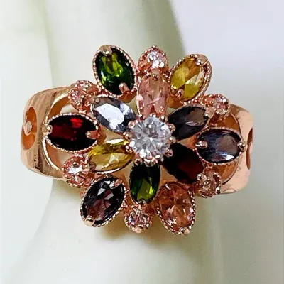 Sterling Silver Rose-Gold Tone Multi-Colored Stone Cocktail Ring