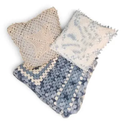 Blue & White Crochet Afghan Blanket and Pillows