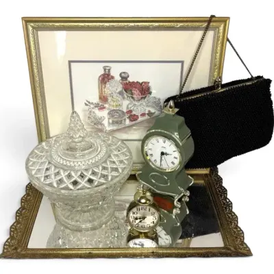 Vanity Mirror Tray, Lidded Glass Dish, Beaded Purse, & More