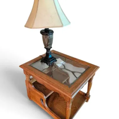 Wooden Side Table w/ Glass Top & Lamp