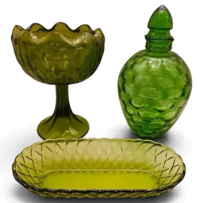 Wheaton Honeycomb Glass Decanter, Olive Green Compote, & Oval Dish