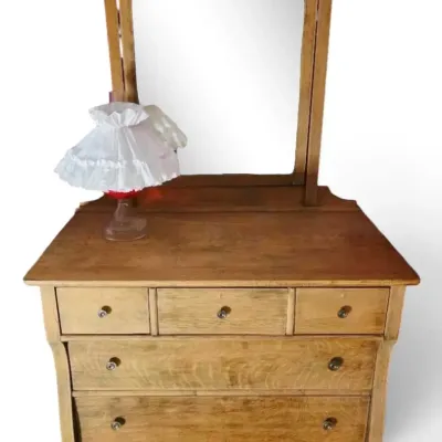 Antique Oak 3-Drawer Dresser w/ Mirror & Oil Lamp