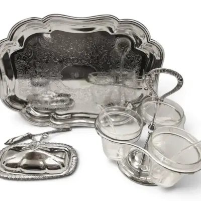 Shelton-Ware Silverplate Tray, Condiment Holder, & Butter Dish