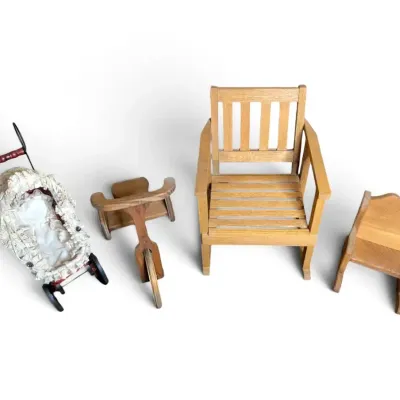 Wooden Miniature Rocking Chairs, Tricycle, & Doll Stroller