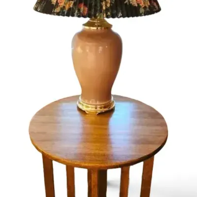 Round Wooden Table & Lamp w/ Floral Lampshade