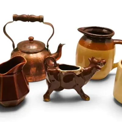 Copper Teapot - Made In Portugal, Brown Pottery Cream & Sugar, Cow Creamer, & More