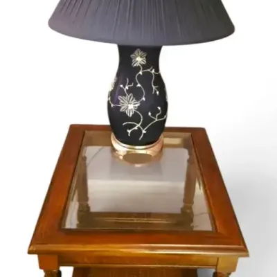 Wooden End Table w/ Glass Top & Floral Lamp #2