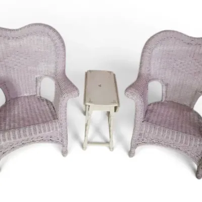 Pair of Lavender Wicker Armchairs & Small Drop-Leaf Side Table