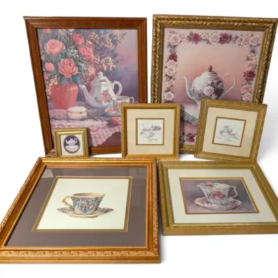 Gold-Toned Framed Teapot & Floral Prints