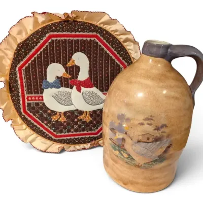 Country Goose Fabric Wall Hanging & Stoneware Crock