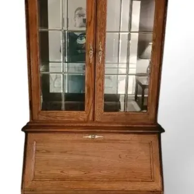 Oak Drop-Front Secretary Desk w/ Lighted Cabinet
