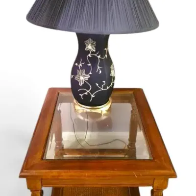 Wooden End Table w/ Glass Top & Floral Lamp #1