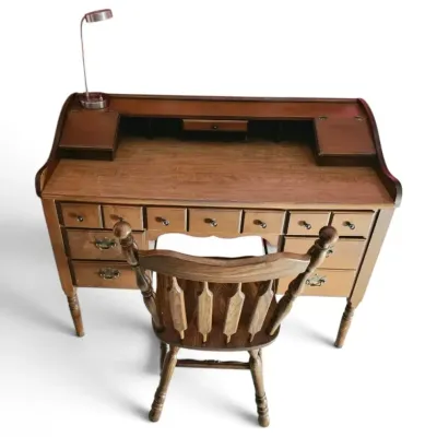 Vintage Wooden Desk w/ Light & Chair