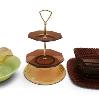 Anchor-Hocking Jadeite Bowl, Amethyst Glass Serving Dishes, & More