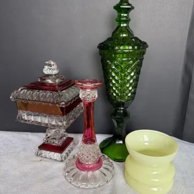 Vintage Colored Pressed Glass Decorative Lot – 4 Pieces