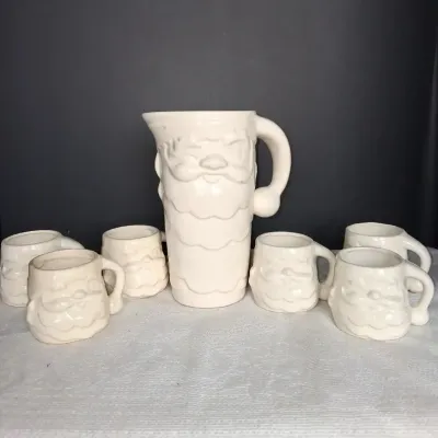 Vintage Ceramic Santa Pitcher & 6 Matching Mugs Set