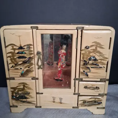 Vintage Japanese Jewelry Box with Geisha Doll & Mother-of-Pearl Inlay