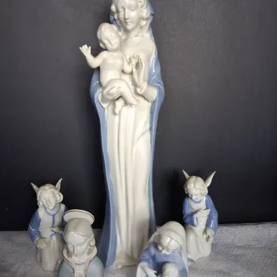 Porcelain Madonna & Child with Angel Figurines – 5 Pieces