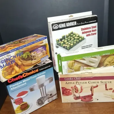 Assorted Kitchen Gadgets & KitchenAid Food Grinder Attachment Lot