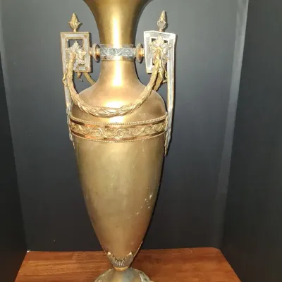 Large Ornate Neoclassical Gold-Tone Metal Urn Vase with Laurel Garland