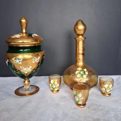 Vintage Bohemian Green & Gold Enameled Glass Decanter Set