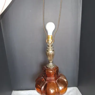 Vintage Amber Glass Table Lamp with Ornate Metal Base