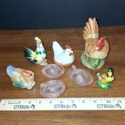 Vintage Chicken & Duck Figurine Collection with Glass Hen Dishes