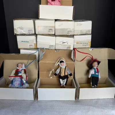 Mystery Collection of 24 International doll ornament Figurines w/ Original Boxes