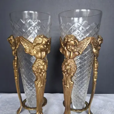 Pair of Cut Glass Vases with Gold-Tone Cherub Holders