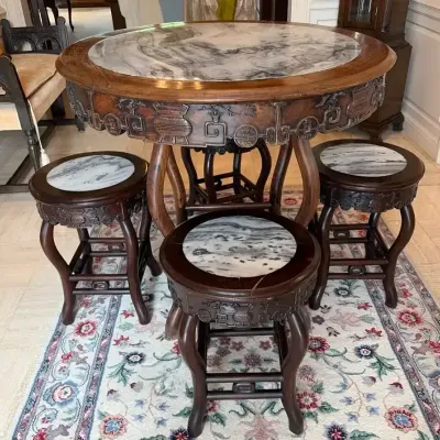 Antique Chinese Wood & Marble Round Table W/ 4 Stools & Rug
