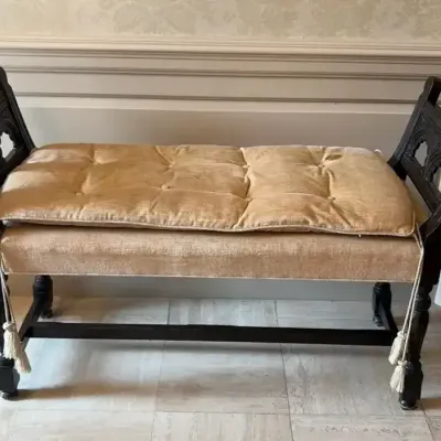 Antique Wood Duet Bench W/ Tufted Cream Velvet Cushion