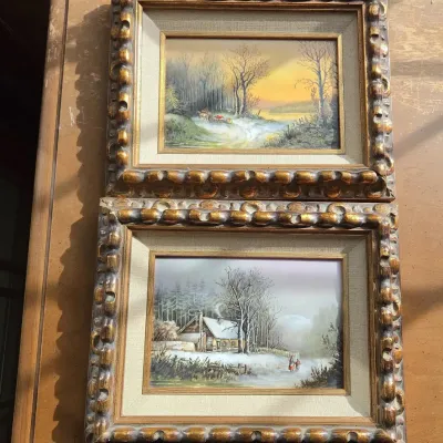 Pair Of Small Paintings of Winter Scenes w/Ornate Frames