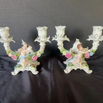 Pair Of Vintage Sitzendorf Porcelain Cherub Candelabra