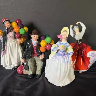 4 Royal Doulton Figurines: Balloon Man, Biddy Pennyfarthing, Clare, Karen