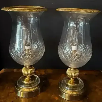 2 Working Hurricane Lamps W/ Bronze Trim 