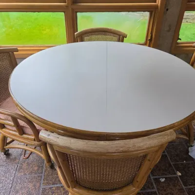 Game Table W/ 4 Cane Chairs That Swivel